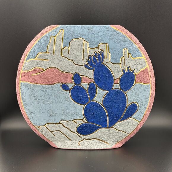 Vtg 1991 Southwest Art Pottery Flat Round Desert Cactus Vase Signed Gayle 10